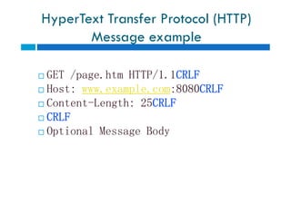 HyperText Transfer Protocol (HTTP)
Message example
 GET /page.htm HTTP/1.1CRLF
 Host: www.example.com:8080CRLF
 Content-Length: 25CRLF
 CRLF
 Optional Message Body
 GET /page.htm HTTP/1.1CRLF
 Host: www.example.com:8080CRLF
 Content-Length: 25CRLF
 CRLF
 Optional Message Body
 