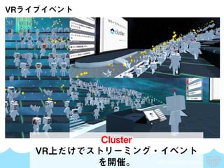 SKYLAND VENTURES
VRライブイベント
Cluster
VR上だけでストリーミング・イベント
を開催。
 