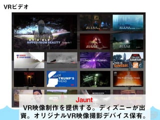 SKYLAND VENTURES
VRビデオ
Jaunt
VR映像制作を提供する。ディズニーが出
資。オリジナルVR映像撮影デバイス保有。
 