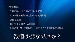 ・完全無料
・３月にネット上でプレスリリース配信
・４つの日本メディアにプレスリリース掲載
・SNSで宣伝
・展示会でＶＲゲームを出展
・外国のユーザーに対して、一切力を入れて宣伝していない
数値はどうなったのか？
 