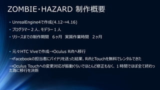 ZOMBIE・HAZARD 制作概要
• UnrealEngine4で作成(4.12→4.16)
• プログラマー２人、モデラー１人
• リリースまでの制作期間 ６ヶ月 実質作業時間 ２ヶ月
• 元々HTC Viveで作成→Oculus Riftへ移行
→Facebookの担当者にバイナリを送った結果、RiftとTouchを無料でレンタルできた
→Oculus Touchへの変更対応が振動ぐらいでほとんど修正もなく、１時間でほぼ全て終わっ
た為に移行を決断
 