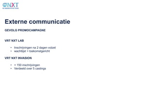 GEVOLG PROMOCAMPAGNE
Externe communicatie
VRT NXT LAB
• Inschrijvingen na 2 dagen volzet
• wachtlijst > toekomstgericht
VRT NXT INVASION
• + 150 inschrijvingen
• Verdeeld over 5 castings
 