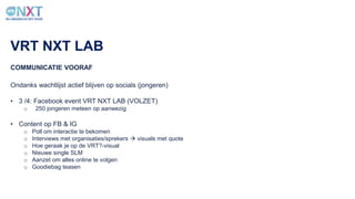 COMMUNICATIE VOORAF
VRT NXT LAB
Ondanks wachtlijst actief blijven op socials (jongeren)
• 3 /4: Facebook event VRT NXT LAB (VOLZET)
o 250 jongeren meteen op aanwezig
• Content op FB & IG
o Poll om interactie te bekomen
o Interviews met organisaties/sprekers  visuals met quote
o Hoe geraak je op de VRT?-visual
o Nieuwe single SLM
o Aanzet om alles online te volgen
o Goodiebag teasen
 