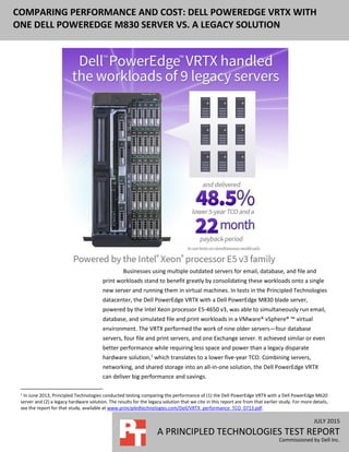 JULY 2015
A PRINCIPLED TECHNOLOGIES TEST REPORT
Commissioned by Dell Inc.
COMPARING PERFORMANCE AND COST: DELL POWEREDGE VRTX WITH
ONE DELL POWEREDGE M830 SERVER VS. A LEGACY SOLUTION
0 SERVER NODES VS. A
LEGACY SOLUTION
Businesses using multiple outdated servers for email, database, and file and
print workloads stand to benefit greatly by consolidating these workloads onto a single
new server and running them in virtual machines. In tests in the Principled Technologies
datacenter, the Dell PowerEdge VRTX with a Dell PowerEdge M830 blade server,
powered by the Intel Xeon processor E5-4650 v3, was able to simultaneously run email,
database, and simulated file and print workloads in a VMware® vSphere® ™ virtual
environment. The VRTX performed the work of nine older servers—four database
servers, four file and print servers, and one Exchange server. It achieved similar or even
better performance while requiring less space and power than a legacy disparate
hardware solution,1
which translates to a lower five-year TCO. Combining servers,
networking, and shared storage into an all-in-one solution, the Dell PowerEdge VRTX
can deliver big performance and savings.
1 In June 2013, Principled Technologies conducted testing comparing the performance of (1) the Dell PowerEdge VRTX with a Dell PowerEdge M620
server and (2) a legacy hardware solution. The results for the legacy solution that we cite in this report are from that earlier study. For more details,
see the report for that study, available at www.principledtechnologies.com/Dell/VRTX_performance_TCO_0713.pdf.
 