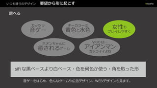 いつも通りのデザイン 要望から形に起こす
調べる
siﬁ な黒ベースより白ベース・色を何色か使う・角を取った形
ネオンちゃんに
癒されるゲーム
VRの UI…
アイアンマン
カッコイイよね
女性も
プレイしやすく
キーカラーは
黄色と水色
ガッツリ
音ゲー
音ゲーをはじめ、色んなゲームや広告デザイン、WEBデザインも見ます。
 