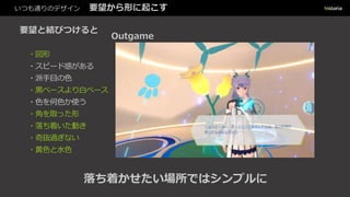 いつも通りのデザイン 要望から形に起こす
要望と結びつけると
落ち着かせたい場所ではシンプルに
Outgame
・図形
・スピード感がある
・派手目の色
・黒ベースより白ベース
・色を何色か使う
・角を取った形
・落ち着いた動き
・奇抜過ぎない
・黄色と水色
 