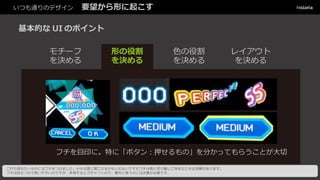 いつも通りのデザイン 要望から形に起こす
基本的な UI のポイント
モチーフ
を決める
形の役割
を決める
フチを目印に。特に「ボタン：押せるもの」を分かってもらうことが大切
色の役割
を決める
レイアウト
を決める
これら見せたいものにはフチをつけました。小さな差に聞こえるかもしれないですがフチは他と切り離して浮き立たせる効果があります。
フチは目立つので使いやすいのですが、多用するとゴチャつくので、意外と使うのには注意が必要です。
 