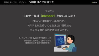 想像と違ってた！デザイン VRUI はここが違った
ちなみに
３Dツールは【Blender】を使いました︕
【イラレデータをSVG形式で保存】して
Blenderに読み込んで作ったので
理想の形にするのも簡単です。
Blenderは無料ツールなので、
MAYAとか支給してもらえない環境でも
ホイホイ触れるのでオススメです。
 
