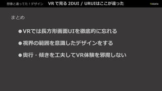 想像と違ってた！デザイン VR で見る 2DUI / URUIはここが違った
まとめ
●VRでは長方形画面UIを徹底的に忘れる
●視界の範囲を意識したデザインをする
●奥行・傾きを工夫してVR体験を邪魔しない
 
