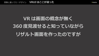 想像と違ってた！デザイン VRUI はここが違った
VR は画面の概念が無く
360 度見渡せると知っていながら
リザルト画面を作ったのですが
 