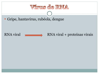 Gripe, hantavírus, rubéola, dengue RNA viral  RNA viral + proteínas virais 