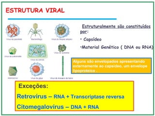 ESTRUTURA VIRAL
Estruturalmente são constituídos
por:
• Capsídeo
•Material Genético ( DNA ou RNA)
Exceções:
Retrovírus – RNA + Transcriptase reversa
Citomegalovírus – DNA + RNA
Alguns são envelopados apresentando
externamente ao capsídeo, um envelope
lipoproteico .
 