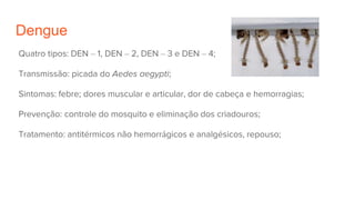 Dengue
Quatro tipos: DEN – 1, DEN – 2, DEN – 3 e DEN – 4;
Transmissão: picada do Aedes aegypti;
Sintomas: febre; dores muscular e articular, dor de cabeça e hemorragias;
Prevenção: controle do mosquito e eliminação dos criadouros;
Tratamento: antitérmicos não hemorrágicos e analgésicos, repouso;
 