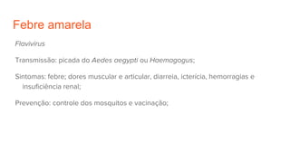 Febre amarela
Flavivirus
Transmissão: picada do Aedes aegypti ou Haemagogus;
Sintomas: febre; dores muscular e articular, diarreia, icterícia, hemorragias e
insuficiência renal;
Prevenção: controle dos mosquitos e vacinação;
 