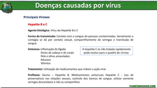Doenças causadas por vírus
Principais Viroses
Hepatite B e C
Agente Etiológico: Vírus da Hepatite B e C
Forma de transmissão: Contato com o sangue de pessoas contaminadas. Geralmente o
contágio se dá por contato sexual, compartilhamento de seringas e transfusão de
sangue.
Sintomas: Inflamação do fígado
Dores de cabeça e do corpo
Pele e olhos amarelados
Náuseas
Vômitos
Tratamento: Utilização de medicamentos que inibem a ação viral.
Profilaxia: Vacina – Hepatite B. Medicamentos antiviruais Hepatite C - Uso de
preservativos nas relações sexuais, controle dos bancos de sangue, utilizar somente
seringas descartáveis e não as compartilhar.
A hepatite C se não tratada rapidamente
pode evoluir para o quadro de cirrose.
 