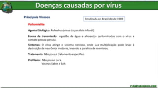 Doenças causadas por vírus
Principais Viroses
Poliomielite
Agente Etiológico: Poliovírus (vírus da paralisia infantil)
Forma de transmissão: Ingestão de água e alimentos contaminados com o vírus e
contato pessoa-pessoa.
Sintomas: O vírus atinge o sistema nervoso, onde sua multiplicação pode levar à
destruição de neurônios motores, levando a paralisia de membros.
Tratamento: Não possui tratamento específico.
Profilaxia: Não possui cura.
Vacinas Sabin e Salk
Erradicada no Brasil desde 1989
 