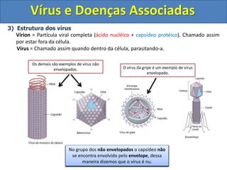 Vírus e Doenças Associadas
3) Estrutura dos vírus
Vírion = Partícula viral completa (ácido nucléico + capsídeo protéico). Chamado assim
por estar fora da célula.
Vírus = Chamado assim quando dentro da célula, parasitando-a.
Existem vírus de diferentes formas geométricas
(helicoidais, poliédricos, icosaédricos,
cilíndricos...)
Podemos classificar os vírus em dois grandes
grupos: o grupo dos vírus Envelopados e o dos
não Envelopados.
No grupo dos vírus envelopados o capsídeo é
coberto pelo envelope que é formado quando o
vírus é exocitado da célula hospedeira.
Dessa maneira, o envelope é formado por uma
porção da membrana citoplasmática da célula
hospedeira.
No grupo dos não envelopados o capsídeo não
se encontra envolvido pelo envelope, dessa
maneira dizemos que o vírus é nu.
O vírus da gripe é um exemplo de vírus
envelopado.
Os demais são exemplos de vírus não
envelopados.
 