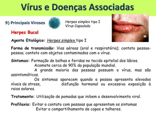 Vírus e Doenças Associadas
9) Principais Viroses
Herpes Bucal
Agente Etiológico: Herpes simplex tipo I
Forma de transmissão: Vias aéreas (oral e respiratória); contato pessoa-
pessoa; contato com objetos contaminados com o vírus.
Sintomas: Formação de bolhas e feridas no tecido epitelial dos lábios.
Acomete cerca de 90% da população mundial.
A grande maioria das pessoas possuem o vírus, mas são
assintomáticos.
Os sintomas aparecem quando a pessoa apresenta elevados
níveis de stress, disfunção hormonal ou excessiva exposição à
raios solares.
Tratamento: Utilização de pomadas que inibem o desenvolvimento viral.
Profilaxia: Evitar o contato com pessoas que apresentam os sintomas
Evitar o compartilhamento de copos e talheres.
Herpes simplex tipo I
Vírus Capsulado
 