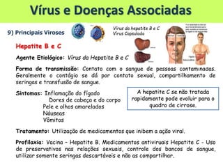 Vírus e Doenças Associadas
9) Principais Viroses
Hepatite B e C
Agente Etiológico: Vírus da Hepatite B e C
Forma de transmissão: Contato com o sangue de pessoas contaminadas.
Geralmente o contágio se dá por contato sexual, compartilhamento de
seringas e transfusão de sangue.
Sintomas: Inflamação do fígado
Dores de cabeça e do corpo
Pele e olhos amarelados
Náuseas
Vômitos
Tratamento: Utilização de medicamentos que inibem a ação viral.
Profilaxia: Vacina – Hepatite B. Medicamentos antiviruais Hepatite C - Uso
de preservativos nas relações sexuais, controle dos bancos de sangue,
utilizar somente seringas descartáveis e não as compartilhar.
A hepatite C se não tratada
rapidamente pode evoluir para o
quadro de cirrose.
Vírus da hepatite B e C
Vírus Capsulado
 