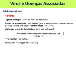 Vírus e Doenças Associadas
9) Principais Viroses
Caxumba
Agente Etiológico: Vírus da Parótida infecciosa
Forma de transmissão: Vias aéreas (oral e respiratória); contato pessoa-
pessoa; contato com objetos contaminados com o vírus.
Sintomas: Aumento das glândulas parótidas (salivares).
Tratamento: Não possui.
Profilaxia: Vacinação (tríplice viral)
Raramente pode acometer o sistema nervoso e os
testículos.
 