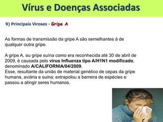 Vírus e Doenças Associadas
9) Principais Viroses - Gripe A
As formas de transmissão da gripe A são semelhantes à de
qualquer outra gripe.
A gripe A, ou gripe suína como era reconhecida até 30 de abril de
2009, é causada pelo vírus Influenza tipo A/H1N1 modificado,
denominado A/CALIFORNIA/04/2009.
Esse, resultante da união de material genético de cepas da gripe
humana, aviária e suina; extrapolou a barreira de espécies e
passou a atingir seres humanos.
 