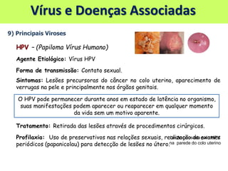 Vírus e Doenças Associadas
9) Principais Viroses
HPV – (Papiloma Vírus Humano)
Agente Etiológico: Vírus HPV
Forma de transmissão: Contato sexual.
Sintomas: Lesões precursoras do câncer no colo uterino, aparecimento de
verrugas na pele e principalmente nos órgãos genitais.
Tratamento: Retirada das lesões através de procedimentos cirúrgicos.
Profilaxia: Uso de preservativos nas relações sexuais, realização de exames
periódicos (papanicolau) para detecção de lesões no útero.
O HPV pode permanecer durante anos em estado de latência no organismo,
suas manifestações podem aparecer ou reaparecer em qualquer momento
da vida sem um motivo aparente.
Lesão causada pelo HPV
na parede do colo uterino
 