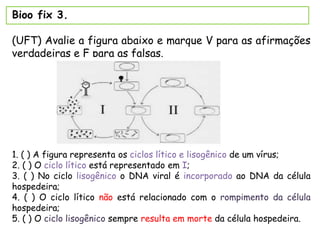 Bioo fix 3.
(UFT) Avalie a figura abaixo e marque V para as afirmações
verdadeiras e F para as falsas.
1. ( ) A figura representa os ciclos lítico e lisogênico de um vírus;
2. ( ) O ciclo lítico está representado em I;
3. ( ) No ciclo lisogênico o DNA viral é incorporado ao DNA da célula
hospedeira;
4. ( ) O ciclo lítico não está relacionado com o rompimento da célula
hospedeira;
5. ( ) O ciclo lisogênico sempre resulta em morte da célula hospedeira.
 
