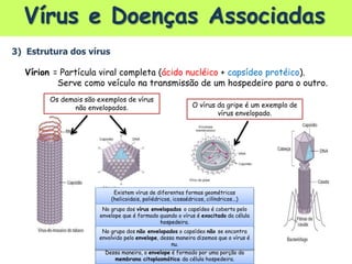 Vírus e Doenças Associadas
3) Estrutura dos vírus
Vírion = Partícula viral completa (ácido nucléico + capsídeo protéico).
Serve como veículo na transmissão de um hospedeiro para o outro.
Existem vírus de diferentes formas geométricas
(helicoidais, poliédricos, icosaédricos, cilíndricos...)
No grupo dos vírus envelopados o capsídeo é coberto pelo
envelope que é formado quando o vírus é exocitado da célula
hospedeira.
Dessa maneira, o envelope é formado por uma porção da
membrana citoplasmática da célula hospedeira.
No grupo dos não envelopados o capsídeo não se encontra
envolvido pelo envelope, dessa maneira dizemos que o vírus é
nu.
O vírus da gripe é um exemplo de
vírus envelopado.
Os demais são exemplos de vírus
não envelopados.
 