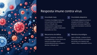 Resposta imune contra vírus
1 Imunidade inata
O sistema imunológico inato atua
como primeira linha de defesa
contra a infecção viral,
reconhecendo e respondendo
rapidamente a padrões moleculares
associados aos vírus.
2 Imunidade adaptativa
A imunidade adaptativa envolve a
ativação de linfócitos T e B que
produzem anticorpos específicos
capazes de neutralizar ou eliminar
vírus.
3 Mecanismos de defesa
Células T citotóxicas, interferon,
imunoglobulinas e outros fatores do
sistema imunológico atuam
coordenadamente para combater e
eliminar a infecção viral.
4 Memória imunológica
Após a infecção, o sistema imune
desenvolve memória imunológica,
permitindo uma resposta mais
rápida e eficaz a exposições futuras.
 