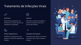 Tratamento de Infecções Virais
Antivirais
Medicamentos específicos que
interferem no ciclo de vida do vírus,
impedindo sua replicação.
Vacinas
Estimulam o sistema imunológico a
produzir anticorpos contra vírus,
prevenindo infecções.
Testes Diagnósticos
Identificam a presença de vírus e
ajudam no tratamento adequado da
infecção.
Cuidados de Suporte
Tratamentos que aliviam os sintomas
e permitem que o corpo combata a
infecção.
 