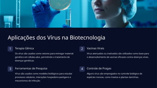 Aplicações dos Vírus na Biotecnologia
1 Terapia Gênica
Os vírus são usados como vetores para entregar material
genético em células-alvo, permitindo o tratamento de
doenças genéticas.
2 Vacinas Virais
Vírus atenuados ou inativados são utilizados como base para
o desenvolvimento de vacinas eficazes contra doenças virais.
3 Ferramentas de Pesquisa
Vírus são usados como modelos biológicos para estudar
processos celulares, interações hospedeiro-patógeno e
mecanismos de infecção.
4 Controle de Pragas
Alguns vírus são empregados no controle biológico de
espécies nocivas, como insetos e plantas daninhas.
 