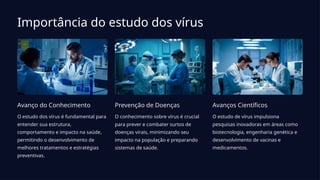 Importância do estudo dos vírus
Avanço do Conhecimento
O estudo dos vírus é fundamental para
entender sua estrutura,
comportamento e impacto na saúde,
permitindo o desenvolvimento de
melhores tratamentos e estratégias
preventivas.
Prevenção de Doenças
O conhecimento sobre vírus é crucial
para prever e combater surtos de
doenças virais, minimizando seu
impacto na população e preparando
sistemas de saúde.
Avanços Científicos
O estudo de vírus impulsiona
pesquisas inovadoras em áreas como
biotecnologia, engenharia genética e
desenvolvimento de vacinas e
medicamentos.
 