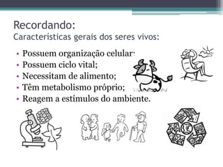 Recordando:
Características gerais dos seres vivos:
• Possuem organização celular;
• Possuem ciclo vital;
• Necessitam de alimento;
• Têm metabolismo próprio;
• Reagem a estímulos do ambiente.
 