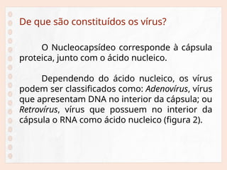 De que são constituídos os vírus?
O Nucleocapsídeo corresponde à cápsula
proteica, junto com o ácido nucleico.
Dependendo do ácido nucleico, os vírus
podem ser classificados como: Adenovírus, vírus
que apresentam DNA no interior da cápsula; ou
Retrovírus, vírus que possuem no interior da
cápsula o RNA como ácido nucleico (figura 2).
 