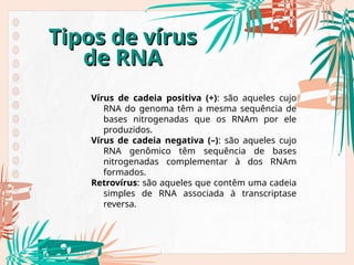 Tipos de vírus
Tipos de vírus
de RNA
de RNA
Vírus de cadeia positiva (+): são aqueles cujo
RNA do genoma têm a mesma sequência de
bases nitrogenadas que os RNAm por ele
produzidos.
Vírus de cadeia negativa (–): são aqueles cujo
RNA genômico têm sequência de bases
nitrogenadas complementar à dos RNAm
formados.
Retrovírus: são aqueles que contêm uma cadeia
simples de RNA associada à transcriptase
reversa.
 
