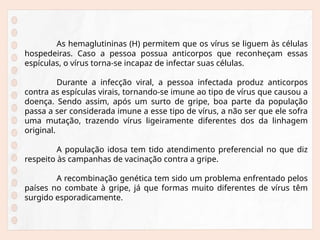 As hemaglutininas (H) permitem que os vírus se liguem às células
hospedeiras. Caso a pessoa possua anticorpos que reconheçam essas
espículas, o vírus torna-se incapaz de infectar suas células.
Durante a infecção viral, a pessoa infectada produz anticorpos
contra as espículas virais, tornando-se imune ao tipo de vírus que causou a
doença. Sendo assim, após um surto de gripe, boa parte da população
passa a ser considerada imune a esse tipo de vírus, a não ser que ele sofra
uma mutação, trazendo vírus ligeiramente diferentes dos da linhagem
original.
A população idosa tem tido atendimento preferencial no que diz
respeito às campanhas de vacinação contra a gripe.
A recombinação genética tem sido um problema enfrentado pelos
países no combate à gripe, já que formas muito diferentes de vírus têm
surgido esporadicamente.
 