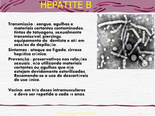 HEPATITE B
Transmissão : sangue, agulhas e
   materiais cortantes contaminados,
   tintas de tatuagens, sexualmente
   transmissível, piercings,
   equipamento de dentista e até em
   sessões de depilação.
Sintomas : ataque ao fígado, cirrose
   hepática crônica.
Prevenção : preservativos nas relações
   sexuais , não utilizando materiais
   cortantes ou agulhas que não
   estejam devidamente esterilizadas.
   Recomenda-se o uso de descartáveis
   de uso único.

Vacina: em três doses intramusculares
  e deve ser repetida a cada 10 anos.



                       Professora Ionara Urrutia Moura   16
 