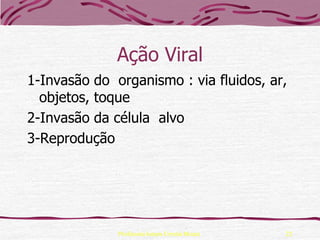 Ação Viral
1-Invasão do organismo : via fluidos, ar,
  objetos, toque
2-Invasão da célula alvo
3-Reprodução




              Professora Ionara Urrutia Moura   22
 