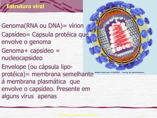 Estrutura viral


Genoma(RNA ou DNA)= vírion
Capsídeo= Capsula protéica que
envolve o genoma
Genoma+ capsídeo =
nucleocapsideo
Envelope (ou cápsula lipo-
protéica)= membrana semelhante
á membrana plasmática que
envolve o capsídeo. Presente em
alguns vírus apenas

                   Professora Ionara Urrutia Moura   4
 