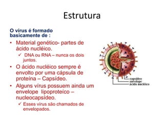 Estrutura
O vírus é formado
basicamente de :
• Material genético- partes de
ácido nucléico.
 DNA ou RNA – nunca os dois
juntos.
• O ácido nucléico sempre é
envolto por uma cápsula de
proteína – Capsídeo.
• Alguns vírus possuem ainda um
envelope lipoproteíco –
nucleocapsídeo.
 Esses vírus são chamados de
envelopados.
 