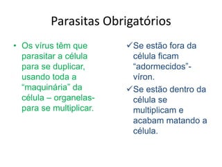 Parasitas Obrigatórios
• Os vírus têm que
parasitar a célula
para se duplicar,
usando toda a
“maquinária” da
célula – organelas-
para se multiplicar.
Se estão fora da
célula ficam
“adormecidos”-
víron.
Se estão dentro da
célula se
multiplicam e
acabam matando a
célula.
 