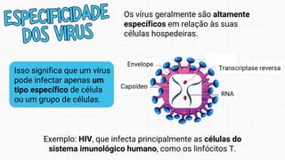 Isso significa que um vírus
pode infectar apenas um
tipo específico de célula
ou um grupo de células.
Os vírus geralmente são altamente
específicos em relação às suas
células hospedeiras.
ESPECIFICIDADE
DOS VIRUS
ESPECIFICIDADE
DOS VIRUS
Exemplo: HIV, que infecta principalmente as células do
sistema imunológico humano, como os linfócitos T.
 