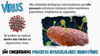 VÍRUS
VÍRUS
São entidades biológicas microscópicas que não
possuem estruturas celulares como membrana
plasmática, citoplasma ou organelas.
SÃO CONSIDERADOS PARASITAS INTRACELULARES OBRIGATÓRIOS
SÃO CONSIDERADOS PARASITAS INTRACELULARES OBRIGATÓRIOS
Só podem se replicar
dentro das células de
organismos vivos.
 
