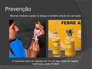 Prevenção
Mesmas medidas usadas na dengue e também através da vacinação.
A vacinacao deve ser aplicada de 10 a 20 dias antes da viagem/
reaplicada a cada 10 anos
 