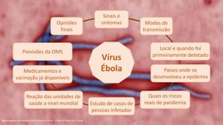 Vírus
Ébola
Sinais e
sintomas Modos de
transmissão
Local e quando foi
primeiramente detetado
Países onde se
desenvolveu a epidemia
Quais os riscos
reais de pandemiaEstudo de casos de
pessoas infetadas
Agrupamento de Escolas Rainha Dona Leonor - Ciências Naturais 9º ano
Reação das unidades de
saúde a nível mundial
Medicamentos e
vacinação já disponíveis
Previsões da OMS
Opiniões
finais
 