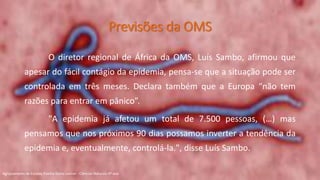 Previsões da OMS
O diretor regional de África da OMS, Luís Sambo, afirmou que
apesar do fácil contágio da epidemia, pensa-se que a situação pode ser
controlada em três meses. Declara também que a Europa “não tem
razões para entrar em pânico”.
"A epidemia já afetou um total de 7.500 pessoas, (…) mas
pensamos que nos próximos 90 dias possamos inverter a tendência da
epidemia e, eventualmente, controlá-la.", disse Luís Sambo.
Agrupamento de Escolas Rainha Dona Leonor - Ciências Naturais 9º ano
 