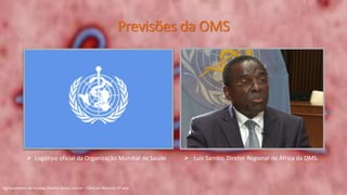 Previsões da OMS
 Luís Sambo, Diretor Regional de África da OMS.
Agrupamento de Escolas Rainha Dona Leonor - Ciências Naturais 9º ano
 Logótipo oficial da Organização Mundial de Saúde
 