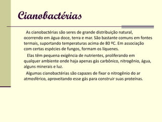 Cianobactérias As cianobactérias são seres de grande distribuição natural, ocorrendo em água doce, terra e mar. São bastante comuns em fontes termais, suportando temperaturas acima de 80 ºC. Em associação com certas espécies de fungos, formam os líquenes.  Elas têm pequena exigência de nutrientes, proliferando em qualquer ambiente onde haja apenas gás carbônico, nitrogênio, água, alguns minerais e luz.  Algumas cianobactérias são capazes de fixar o nitrogênio do ar atmosférico, aproveitando esse gás para construir suas proteínas. 