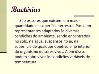 Bactérias São os seres que existem em maior quantidade na superfície terrestre. Possuem representantes adaptados às diversas condições do ambiente, sendo encontrados no solo, na água, suspensos no ar, na superfície de qualquer objetivo e no interior do organismo de seres vivos. Além disso, podem sobreviver às condições variáveis de temperatura. 