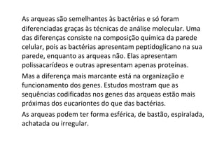 As arqueas são semelhantes às bactérias e só foram diferenciadas graças às técnicas de análise molecular. Uma das diferenças consiste na composição química da parede celular, pois as bactérias apresentam peptidoglicano na sua parede, enquanto as arqueas não. Elas apresentam polissacarídeos e outras apresentam apenas proteínas. Mas a diferença mais marcante está na organização e funcionamento dos genes. Estudos mostram que as sequências codificadas nos genes das arqueas estão mais próximas dos eucariontes do que das bactérias. As arqueas podem ter forma esférica, de bastão, espiralada, achatada ou irregular. 